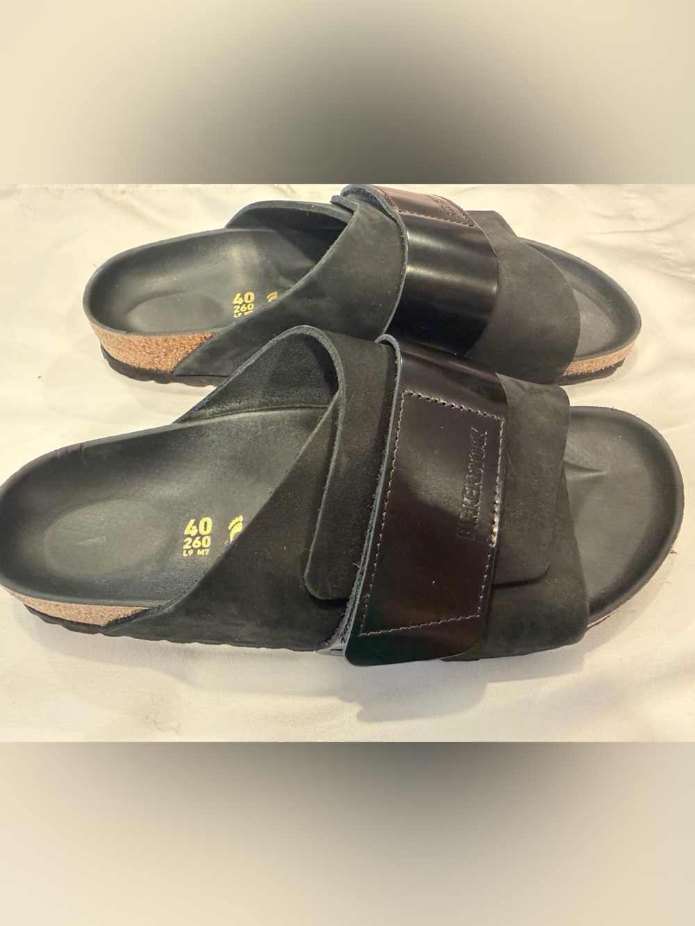 Birkenstock Black Suede Two-Strap Slide Sandals with Shiny Accents - Picture 3 of 6